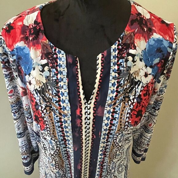Beige By ECI Floral Dress Size 8 Split Neck Long Sleeve Shift Dress Red Colorful - Picture 3 of 15